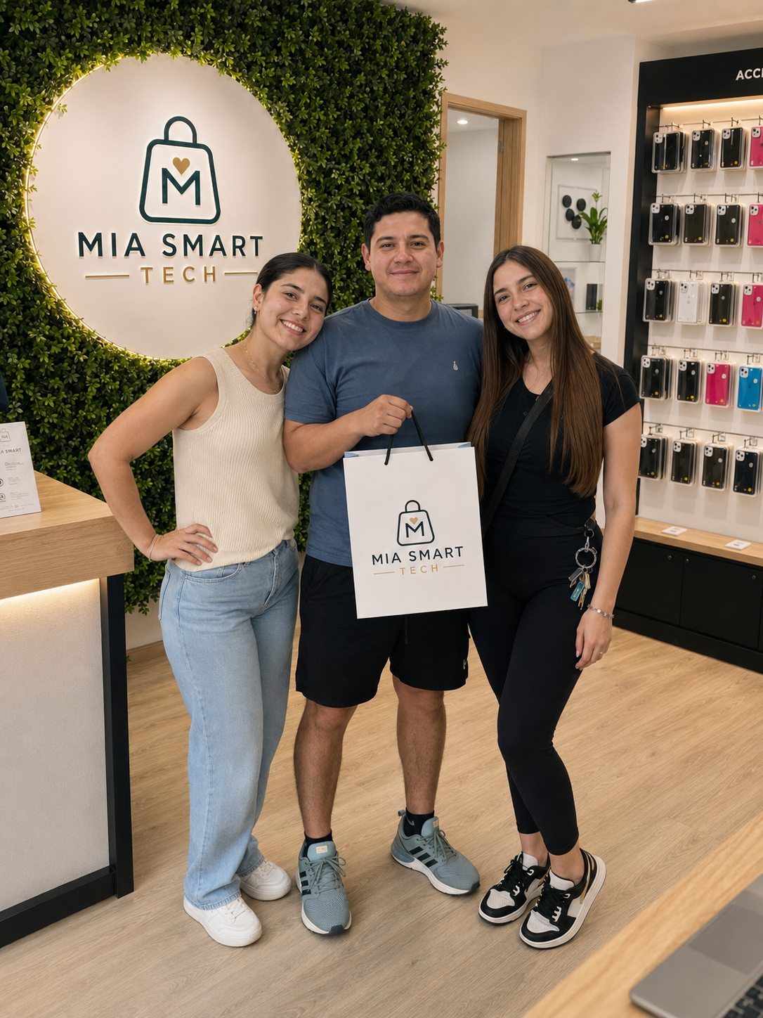 Cliente acompañado por el equipo de MIA SMART TECH después de realizar su compra